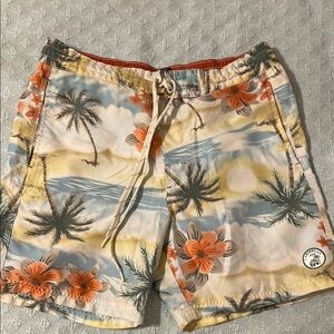 Caribbean Joe Orange and Blue Swim Trunks with Tropical Flair